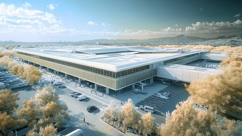 A commercial roof on an airport terminal in a location similar to San Francisco with an infrared photography aesthetic (AI image)
