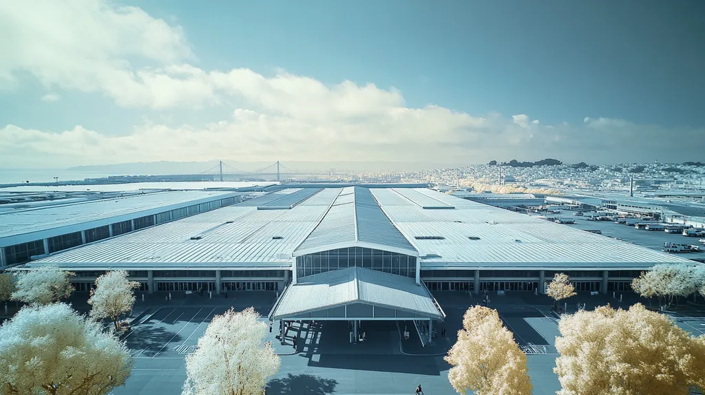 A commercial roof on an airport terminal in a location similar to San Francisco with an infrared photography aesthetic (AI image)
