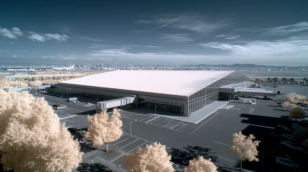 A commercial roof on an airport terminal in a location similar to San Francisco with an infrared photography aesthetic (AI image)