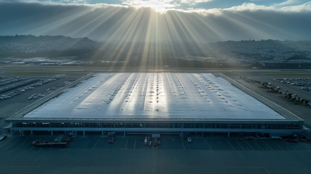 A commercial roof on an airport terminal in a location similar to San Francisco with a light beams aesthetic (AI image)