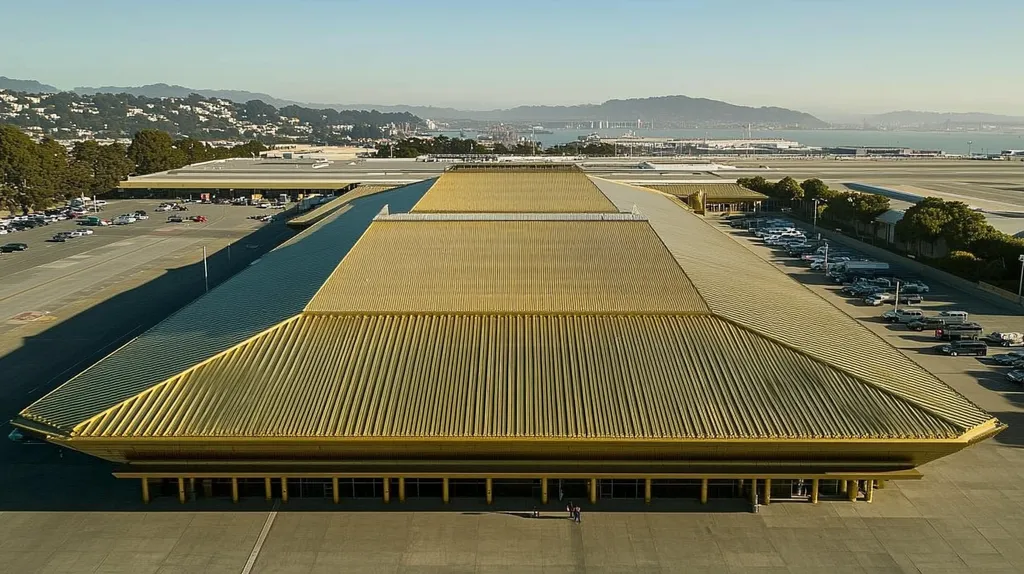 A commercial roof on an airport terminal in a location similar to San Francisco with a solid gold aesthetic (AI image)