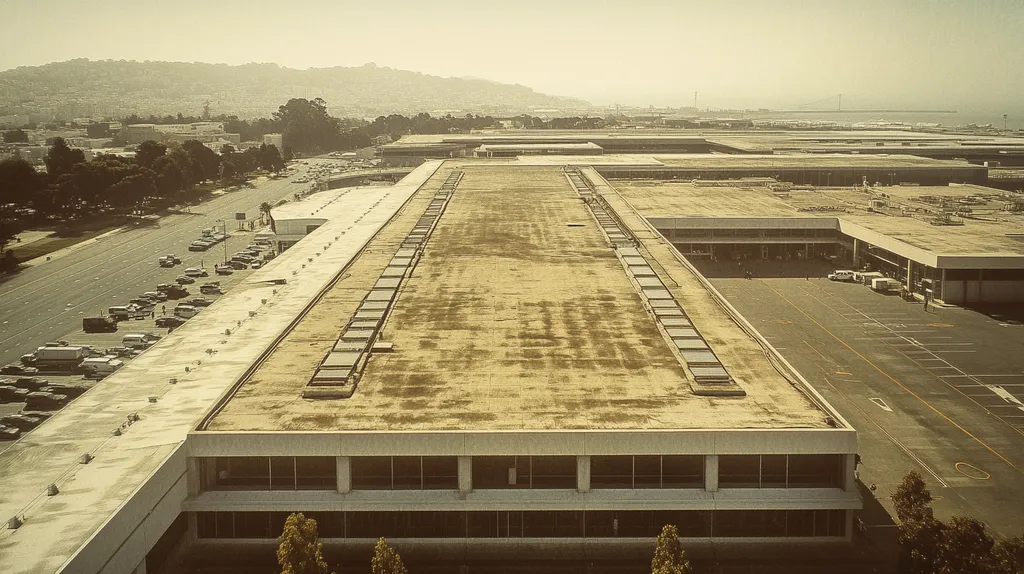 A commercial roof on an airport terminal in a location similar to San Francisco with a tintype aesthetic (AI image)