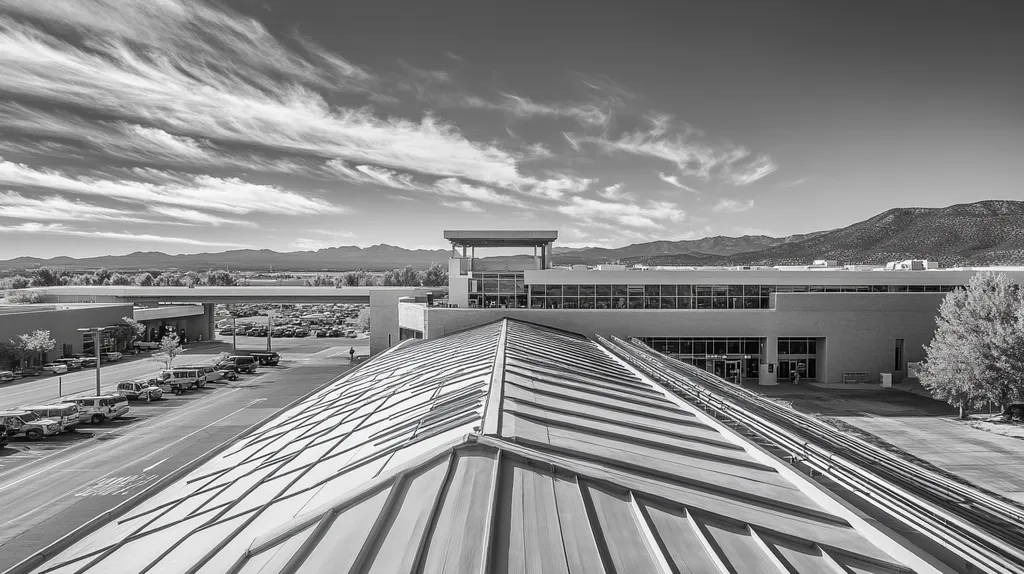 A commercial roof on an airport terminal in a location similar to Santa Fe with a black and white photography aesthetic (AI image)