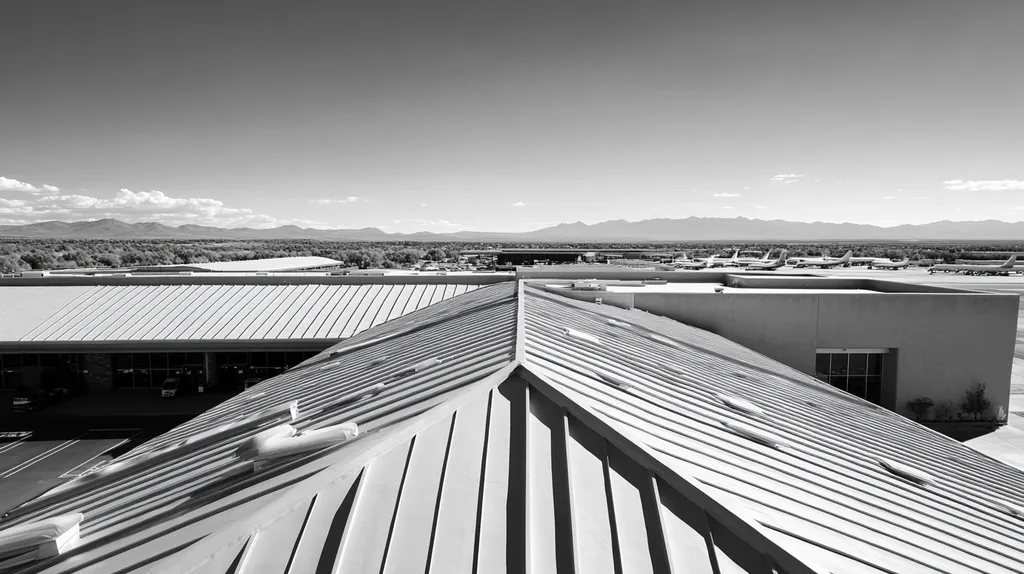 A commercial roof on an airport terminal in a location similar to Santa Fe with a black and white photography aesthetic (AI image)