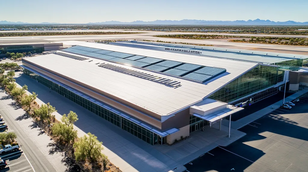 A commercial roof on an airport terminal in a location similar to Scottsdale with an architectural photography aesthetic (AI image)