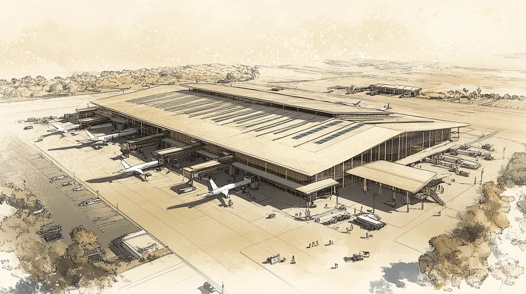 A commercial roof on an airport terminal in a location similar to Scottsdale with an architectural sketch rendering aesthetic (AI image)