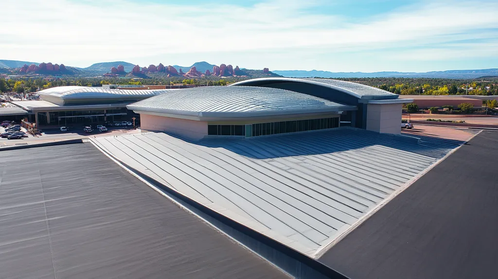A commercial roof on an airport terminal in a location similar to Sedona with a color highlight aesthetic (AI image)