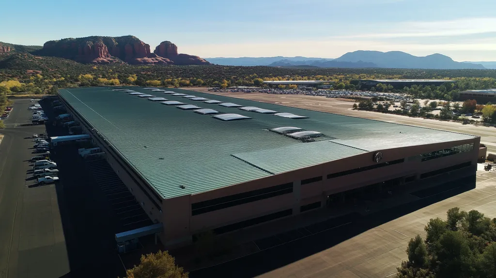 A commercial roof on an airport terminal in a location similar to Sedona with a color highlight aesthetic (AI image)