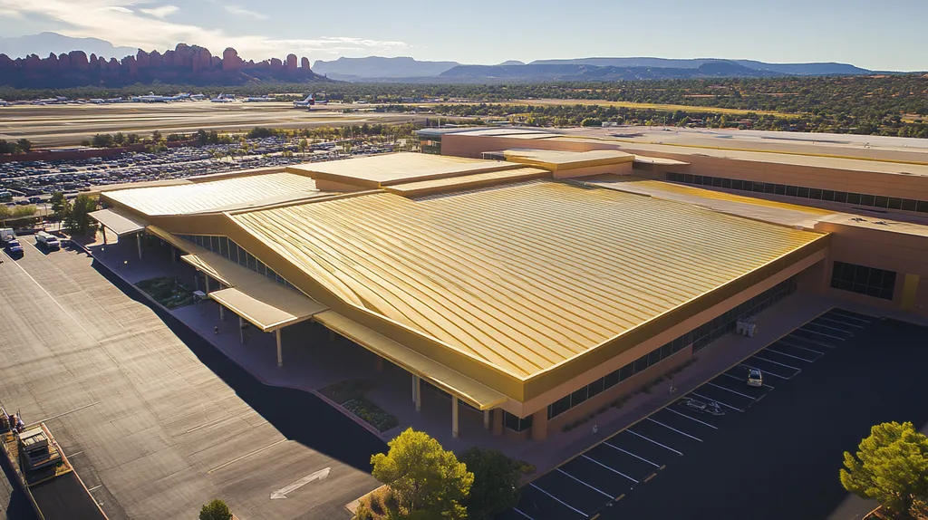 A commercial roof on an airport terminal in a location similar to Sedona with a solid gold aesthetic (AI image)