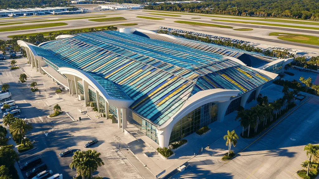 A commercial roof on an airport terminal in a location similar to Tampa with a stained glass style aesthetic (AI image)