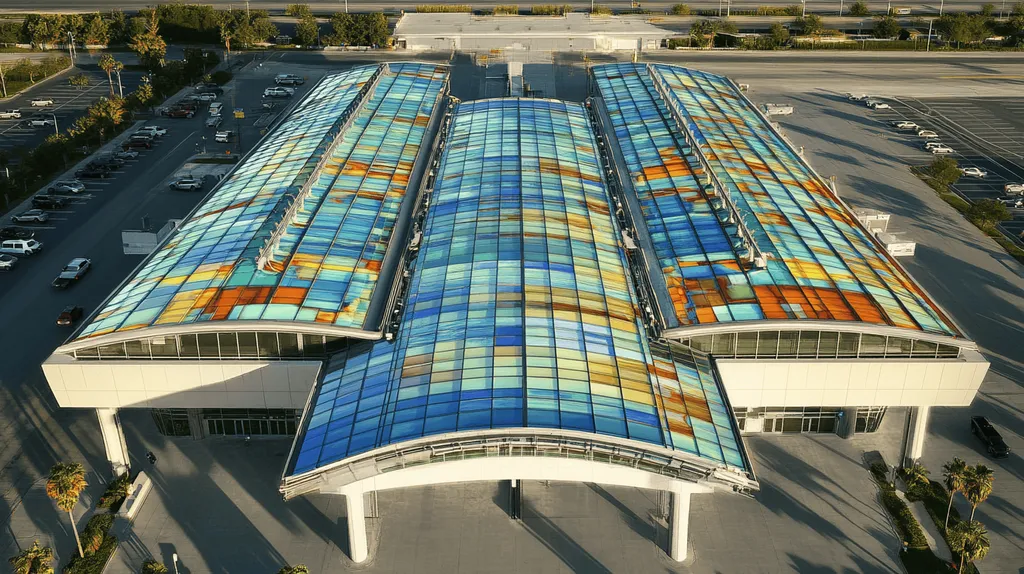 A commercial roof on an airport terminal in a location similar to Tampa with a stained glass style aesthetic (AI image)