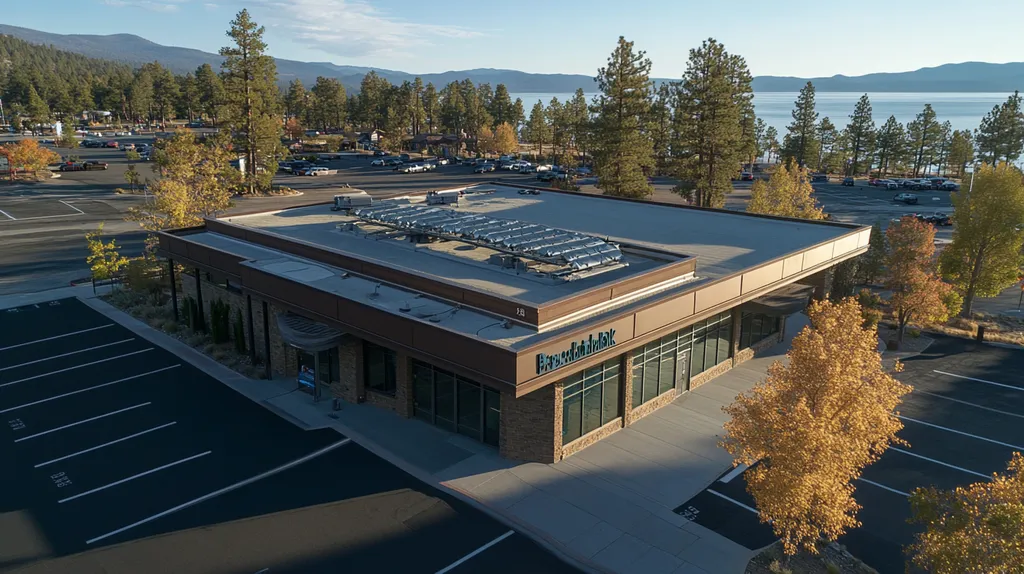 A commercial roof on a bank in a location similar to Lake Tahoe with an ethereal glow aesthetic (AI image)