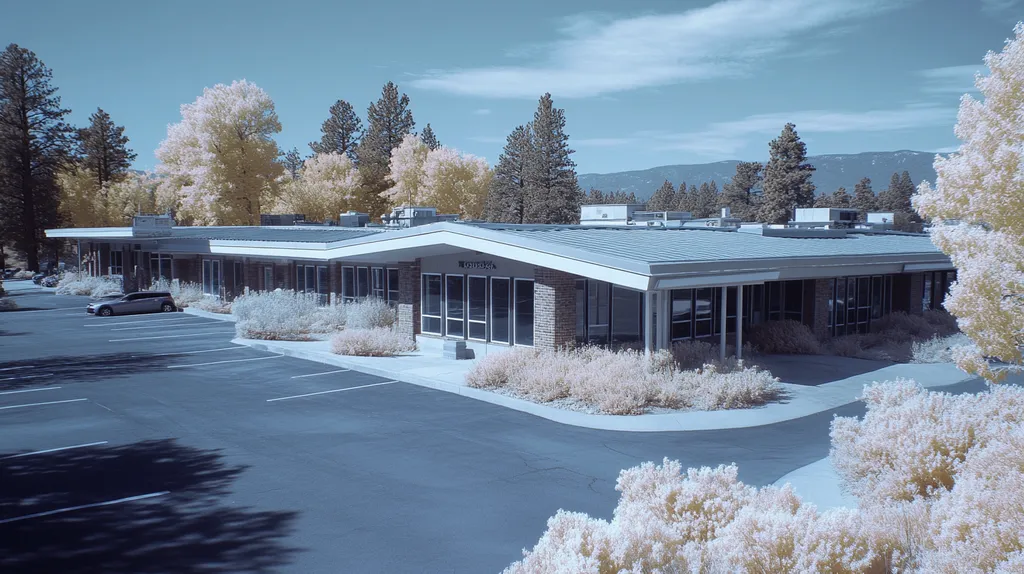 A commercial roof on a bank in a location similar to Lake Tahoe with an infrared photography aesthetic (AI image)