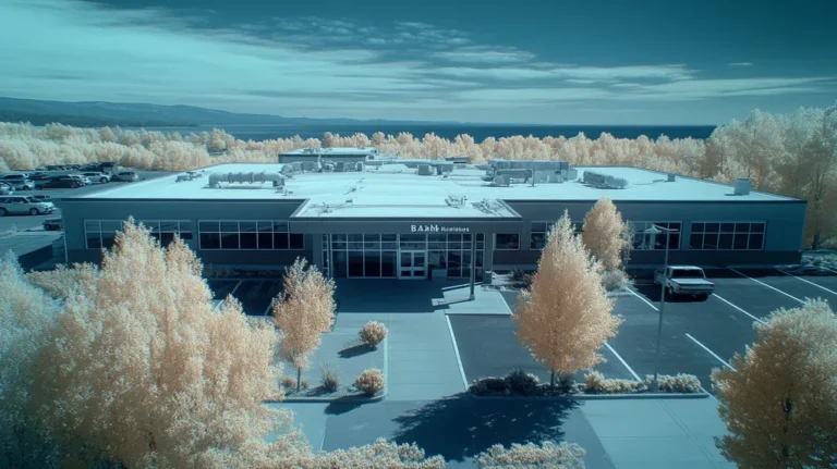 A commercial roof on a bank in a location similar to Lake Tahoe with an infrared photography aesthetic (AI image)