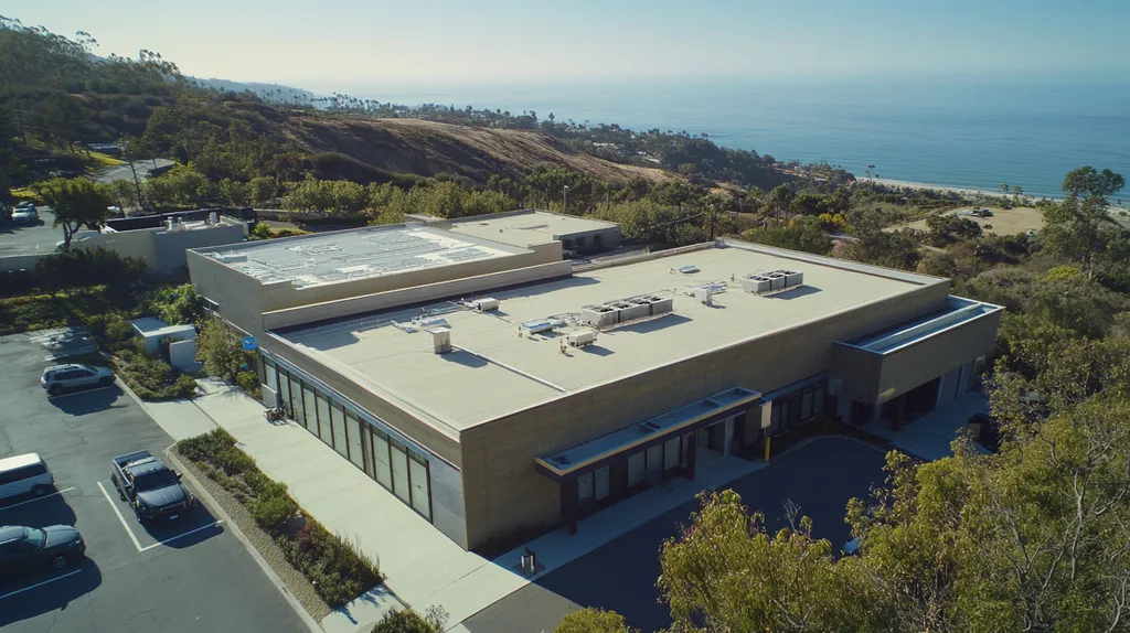 A commercial roof on a bank in a location similar to Malibu with a color highlight aesthetic (AI image)