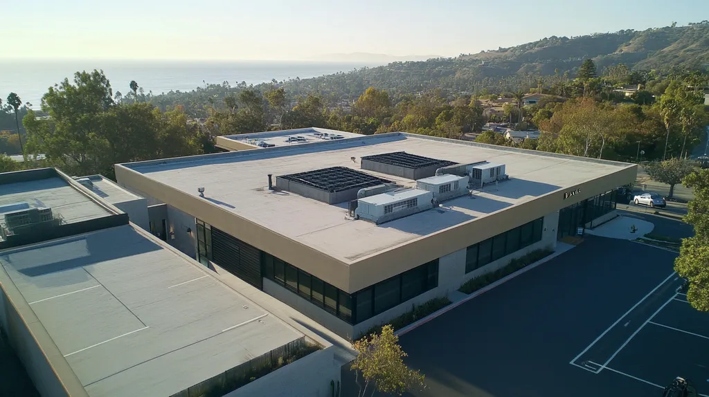 A commercial roof on a bank in a location similar to Malibu with a color highlight aesthetic (AI image)