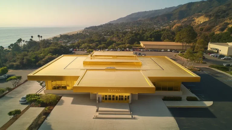 A commercial roof on a bank in a location similar to Malibu with a solid gold aesthetic (AI image)