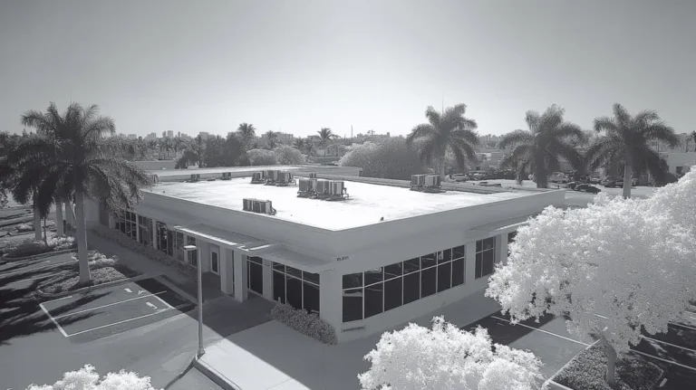 A commercial roof on a bank in a location similar to Miami with an infrared photography aesthetic (AI image)