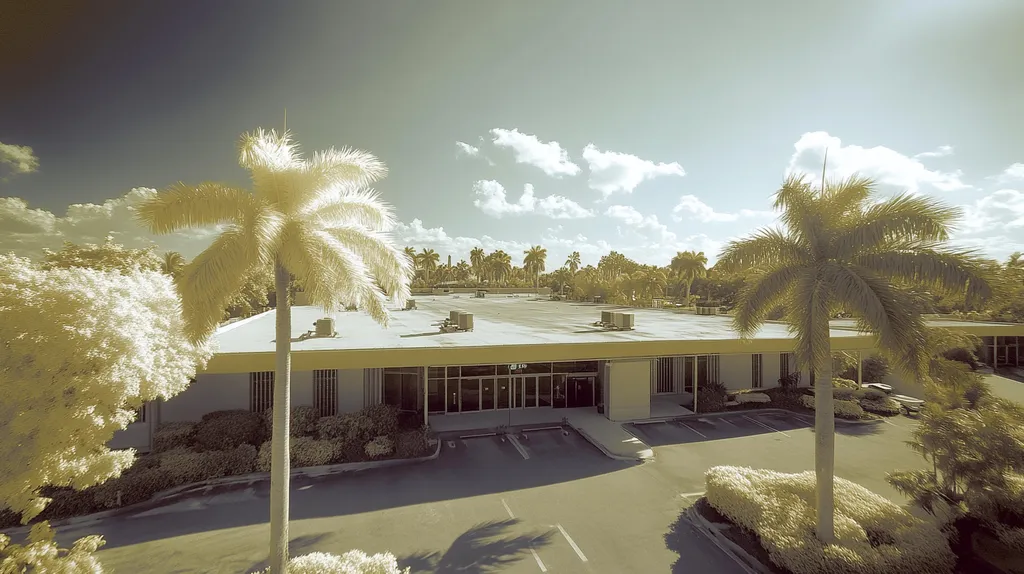 A commercial roof on a bank in a location similar to Miami with an infrared photography aesthetic (AI image)