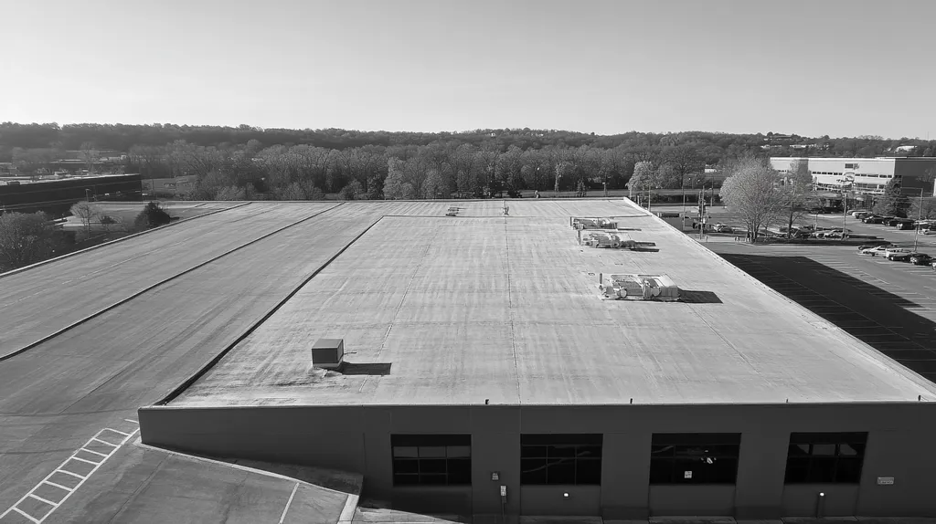 A commercial roof on a bank in a location similar to Nashville with a black and white photography aesthetic (AI image)