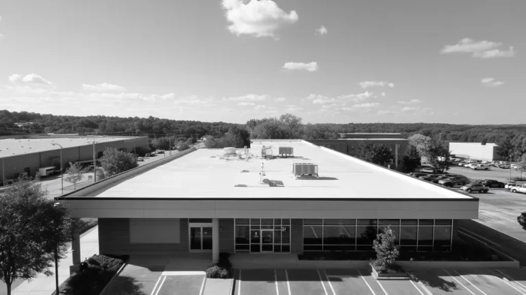 A commercial roof on a bank in a location similar to Nashville with a black and white photography aesthetic (AI image)