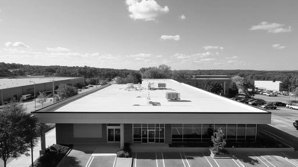 A commercial roof on a bank in a location similar to Nashville with a black and white photography aesthetic (AI image)