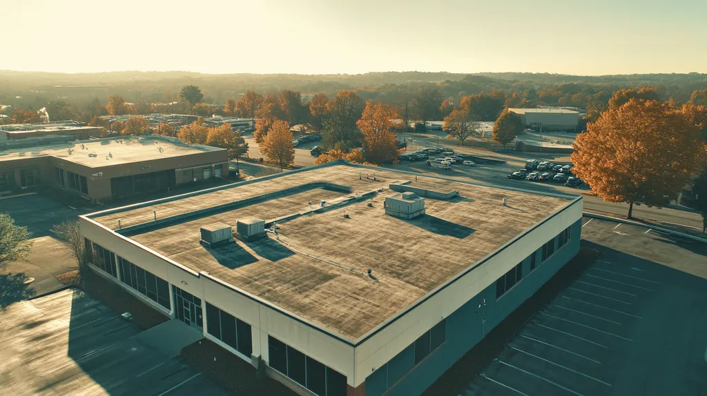 A commercial roof on a bank in a location similar to Nashville with a color highlight aesthetic (AI image)