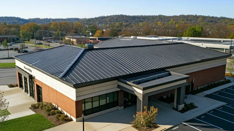 A commercial roof on a bank in a location similar to Nashville with a color highlight aesthetic (AI image)