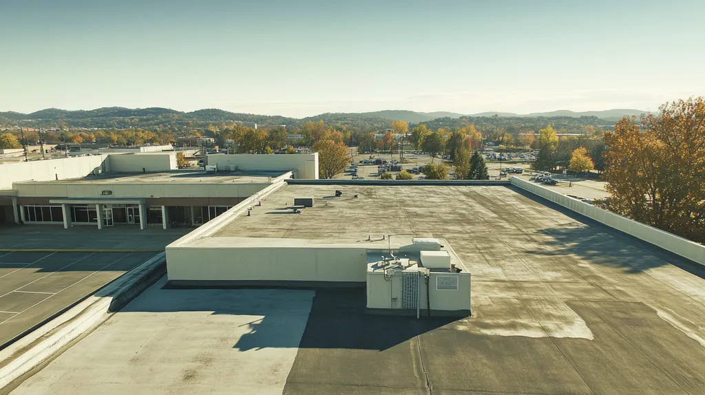 A commercial roof on a bank in a location similar to Nashville with a color highlight aesthetic (AI image)