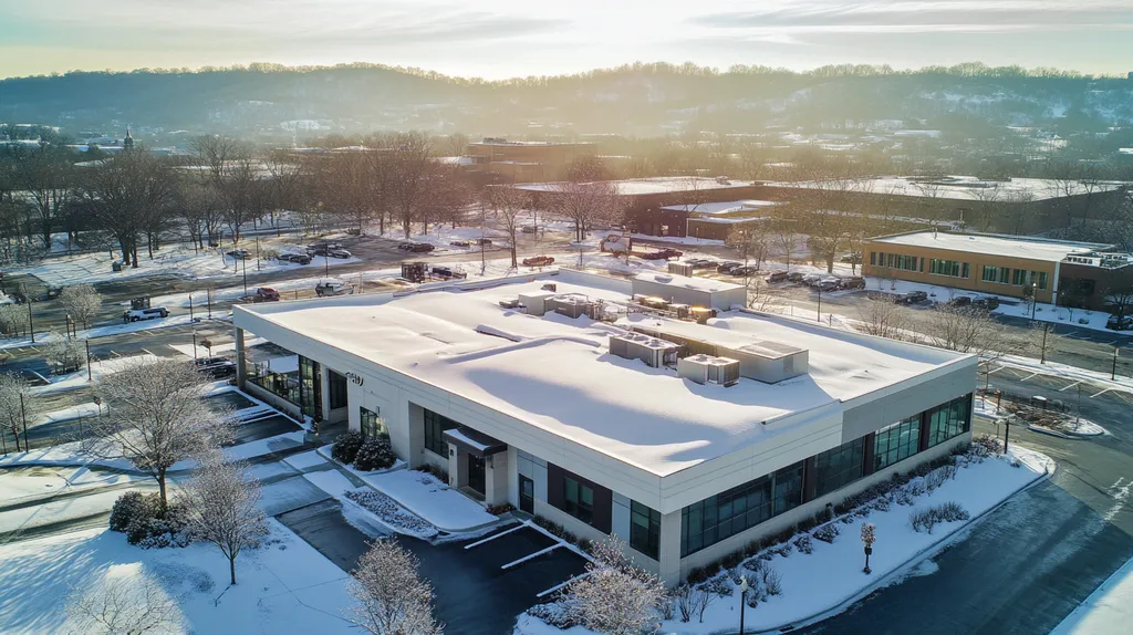 A commercial roof on a bank in a location similar to Nashville with a snowy day aesthetic (AI image)