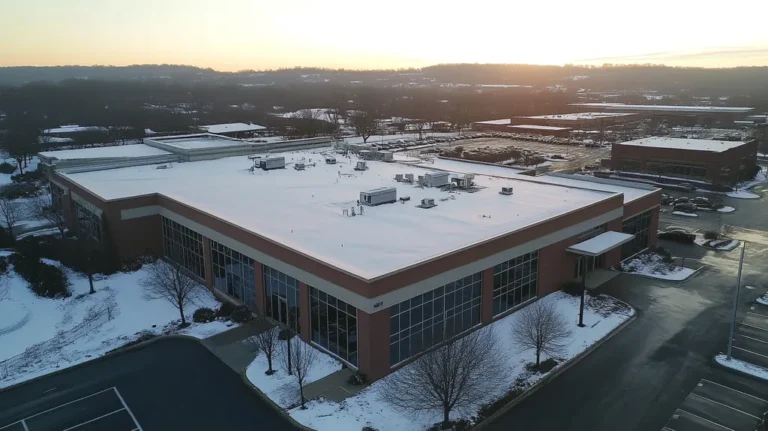 A commercial roof on a bank in a location similar to Nashville with a snowy day aesthetic (AI image)