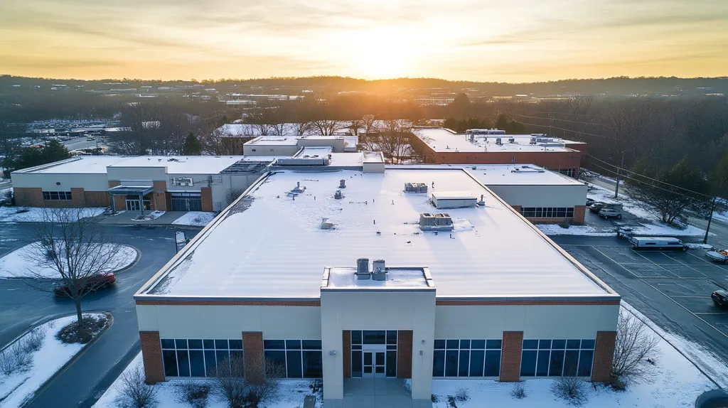 A commercial roof on a bank in a location similar to Nashville with a snowy day aesthetic (AI image)