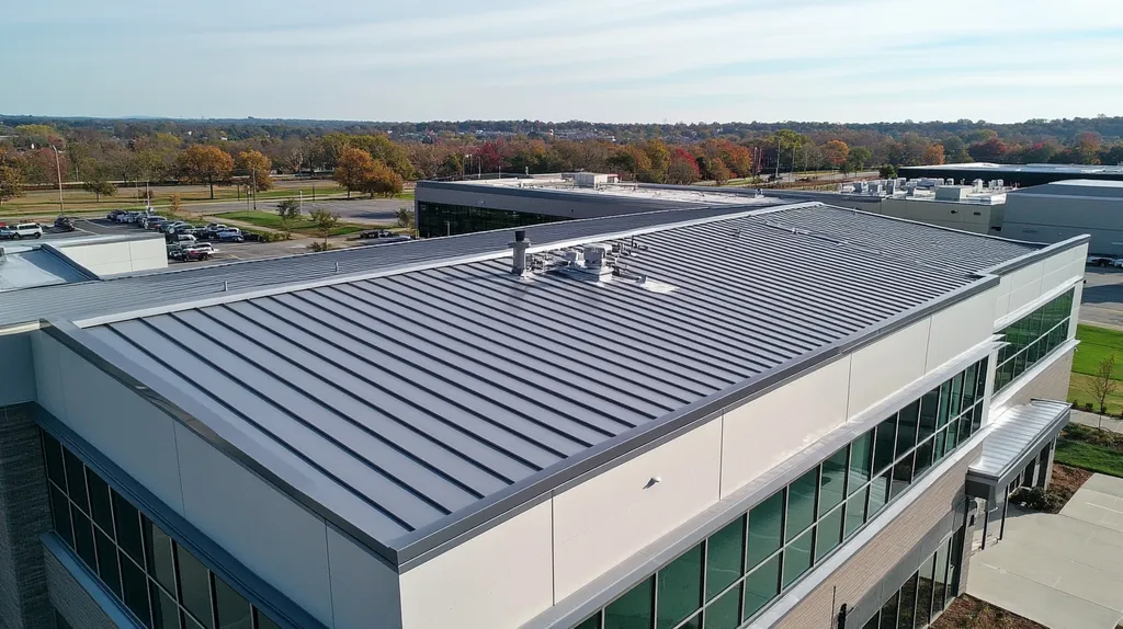 A commercial roof on a bank in a location similar to Nashville with a stainless steel aesthetic (AI image)
