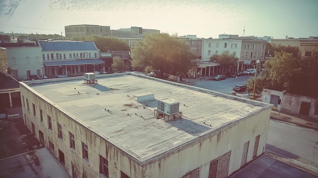 A commercial roof on a bank in a location similar to New Orleans with a Polaroid aesthetic (AI image)