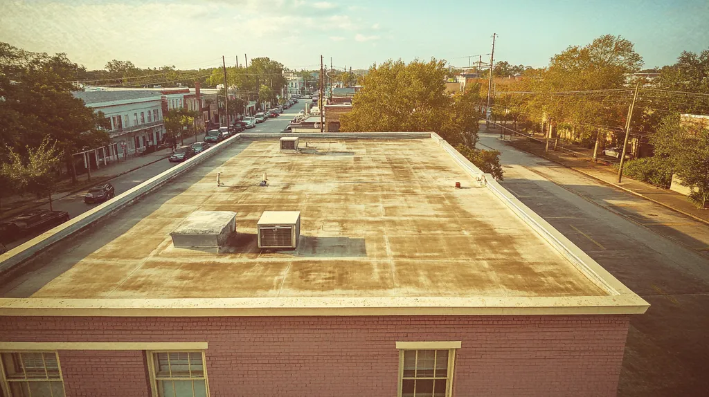 A commercial roof on a bank in a location similar to New Orleans with a Polaroid aesthetic (AI image)