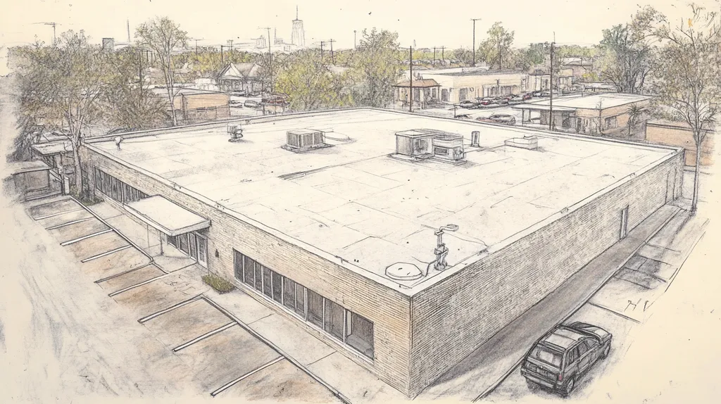 A commercial roof on a bank in a location similar to New Orleans with a charcoal sketch aesthetic (AI image)