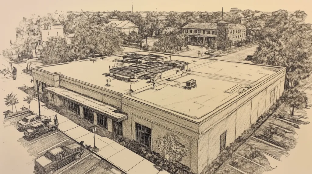 A commercial roof on a bank in a location similar to New Orleans with a charcoal sketch aesthetic (AI image)