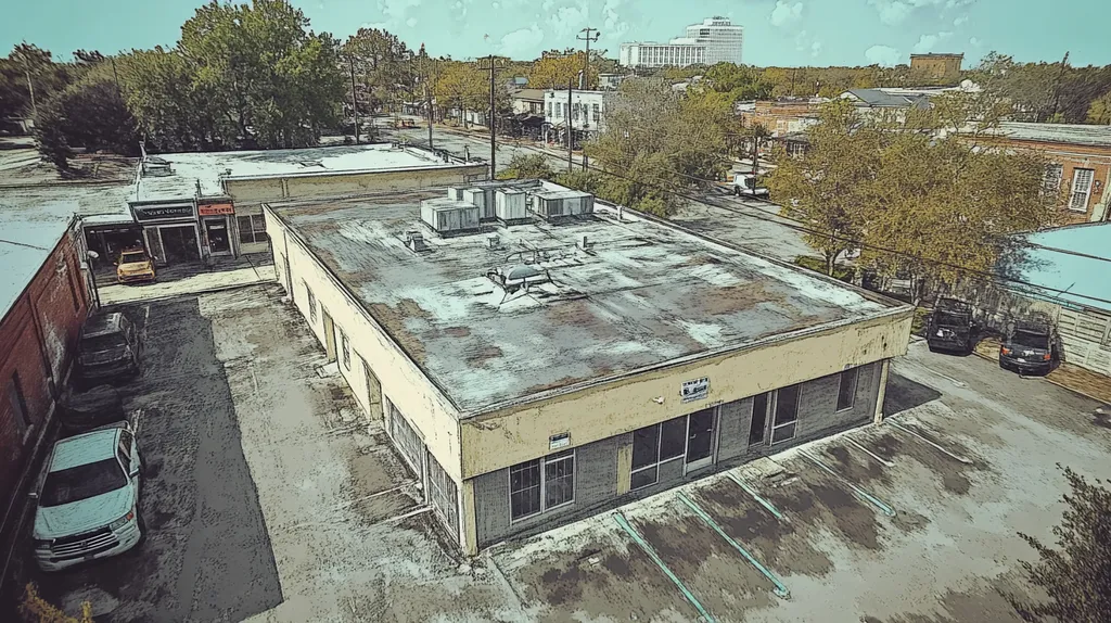 A commercial roof on a bank in a location similar to New Orleans with a charcoal sketch aesthetic (AI image)