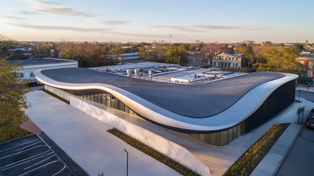 A commercial roof on a bank in a location similar to New Orleans with a futuristic aesthetic (AI image)