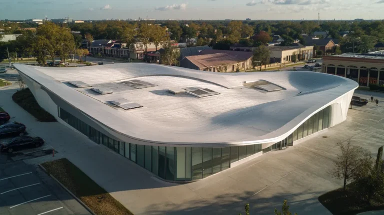 A commercial roof on a bank in a location similar to New Orleans with a futuristic aesthetic (AI image)