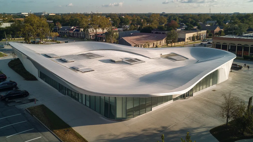 A commercial roof on a bank in a location similar to New Orleans with a futuristic aesthetic (AI image)