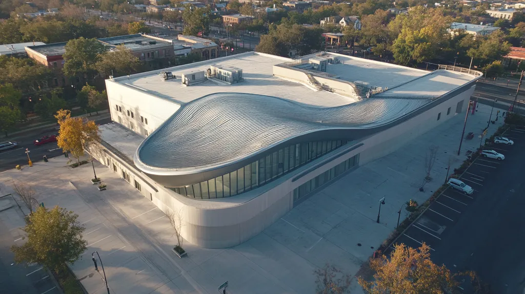 A commercial roof on a bank in a location similar to New Orleans with a futuristic aesthetic (AI image)