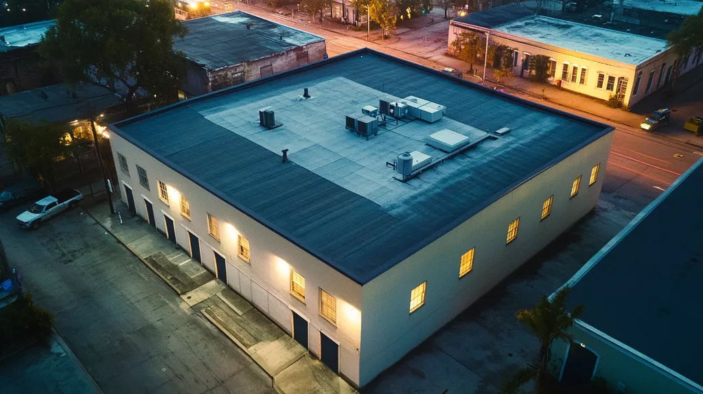 A commercial roof on a bank in a location similar to New Orleans with an illuminated nightscape aesthetic (AI image)