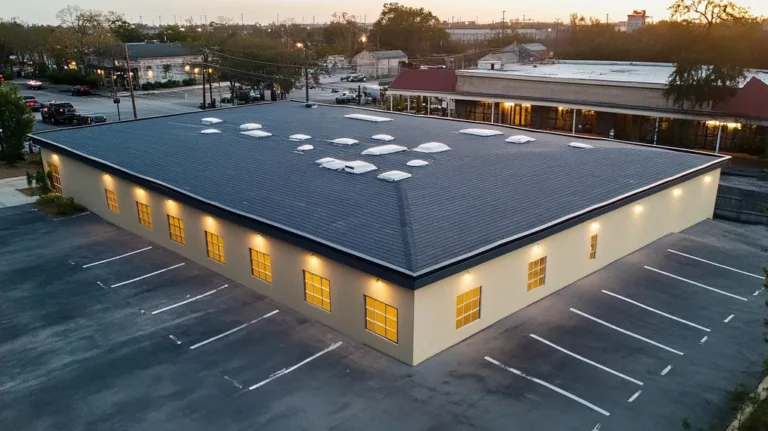 A commercial roof on a bank in a location similar to New Orleans with an illuminated nightscape aesthetic (AI image)