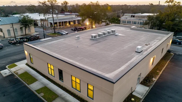 A commercial roof on a bank in a location similar to New Orleans with an illuminated nightscape aesthetic (AI image)