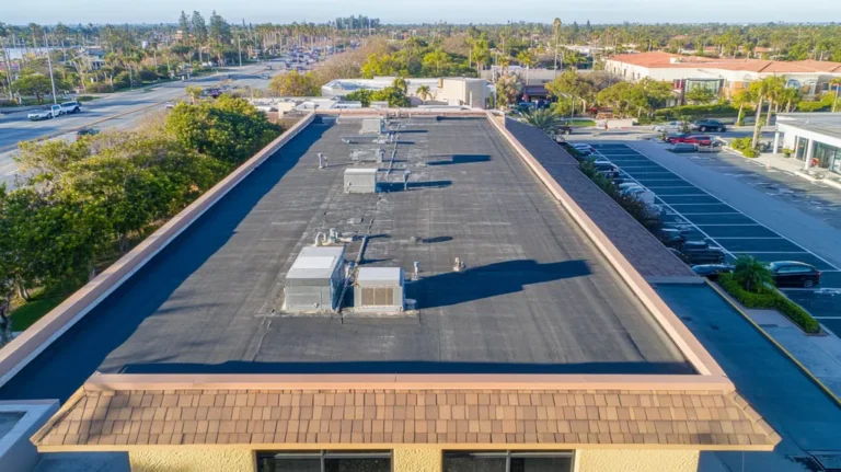 A commercial roof on a bank in a location similar to Newport Beach with an urban context aesthetic (AI image)