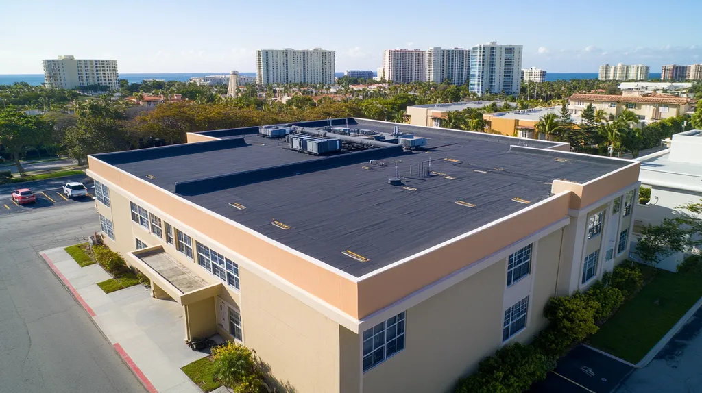 A commercial roof on a bank in a location similar to Newport Beach with an urban context aesthetic (AI image)