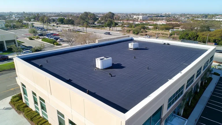 A commercial roof on a bank in a location similar to Newport Beach with an urban context aesthetic (AI image)