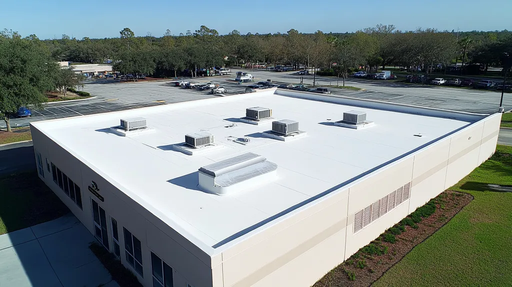 A commercial roof on a bank in a location similar to Orlando with a futuristic aesthetic (AI image)