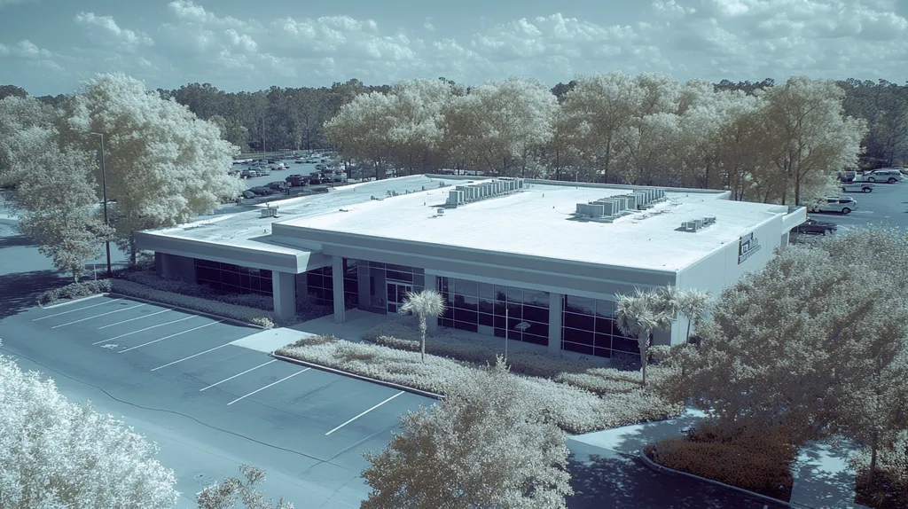 A commercial roof on a bank in a location similar to Orlando with an infrared photography aesthetic (AI image)